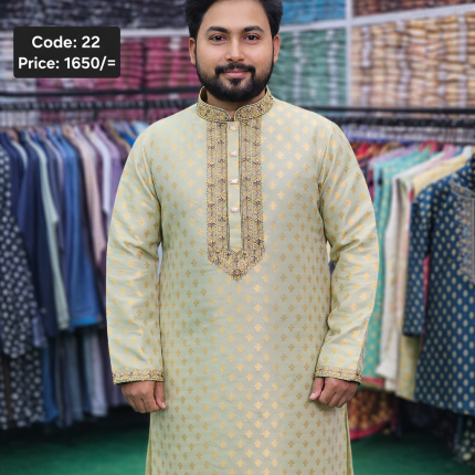 Olive Color Embroidered Katan Panjabi